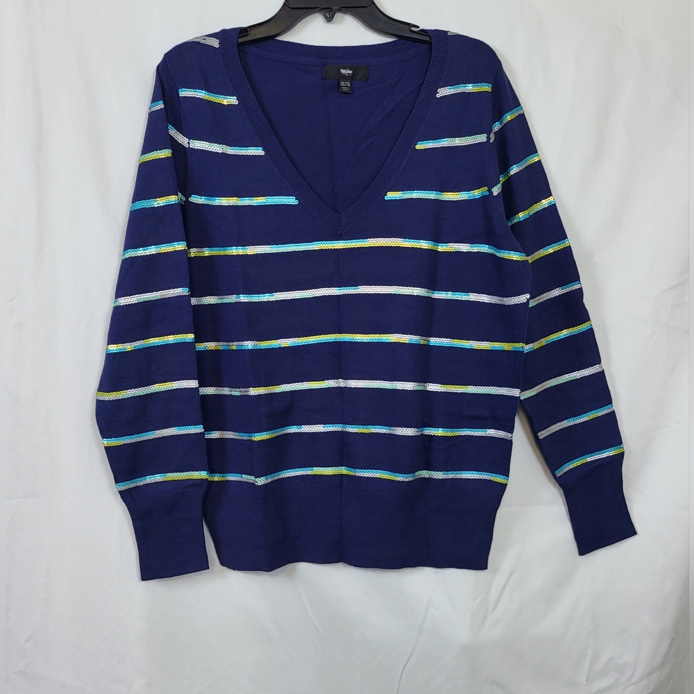 Mossimo Supply Co Womens Navy Blue V-Neck‎ Long Sleeve Sequin Stripe Sweater XXL